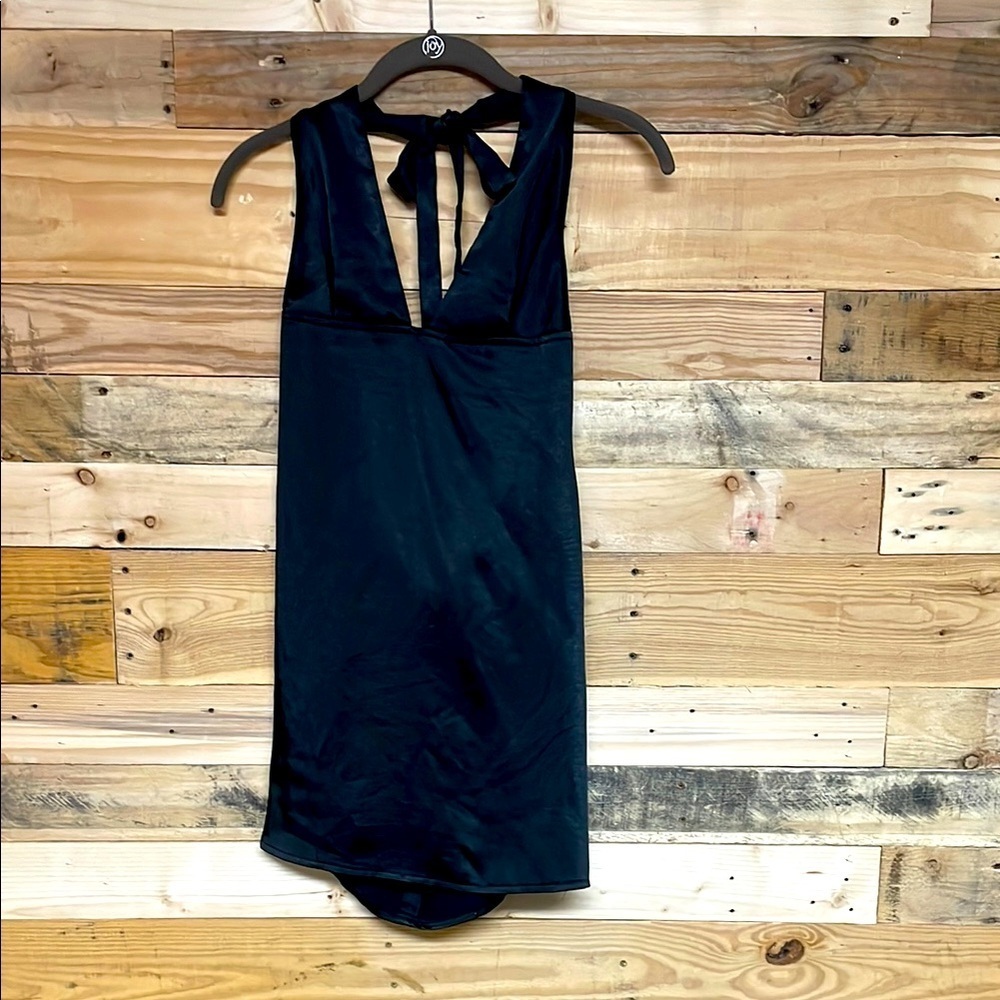Motel size Medium Elegant Black Satin Backless Buttery Mini Formal Halter Dress